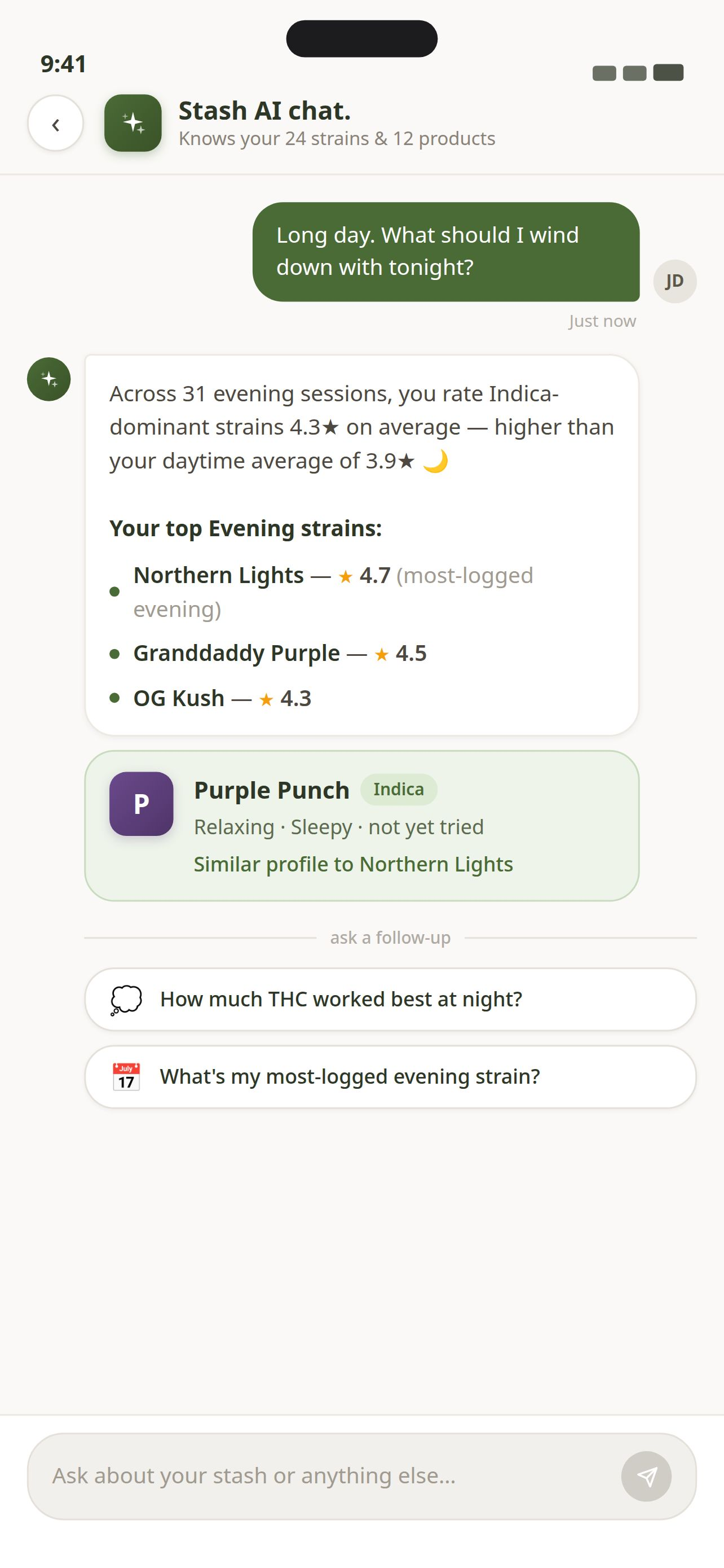 Stash AI Chat — evening wind-down recommendations